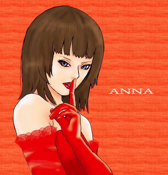 hybrid cat, anna williams, tekken, blue eyes, brown hair, character name, dress, elbow gloves, from side, gloves, lipstick, makeup, red background, short hair, simple background