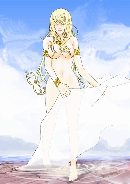 hybrid cat, sophitia alexandra, soul calibur, 1girl, barefoot, blonde hair, bracelet, censored, closed eyes, convenient censoring, hair censor, hair over breasts, jewelry, legs, long hair, lots of jewelry, nude, see-through clothes, water