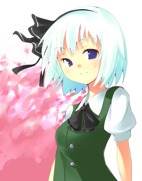 amaa (chou dennou jidai), konpaku youmu, touhou, 1girl, black bow, black bowtie, blush, bow, bowtie, female focus, hair ribbon, hairband, looking at viewer, puffy short sleeves, puffy sleeves, ribbon, short sleeves, simple background, smile, solo, upper body, vest, white background