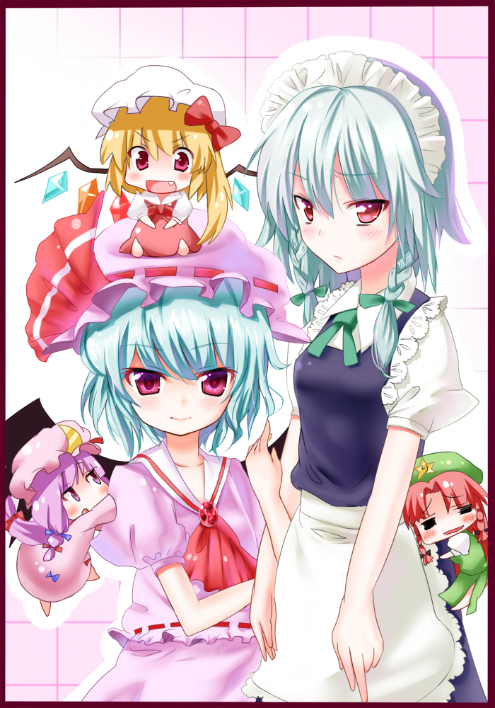 mamepon, flandre scarlet, hong meiling, izayoi sakuya, patchouli knowledge, remilia scarlet, embodiment of scarlet devil, touhou, bad id, bad pixiv id, 5girls, blush, chibi, dress, female focus, gradient background, hairband, hat, maid, multiple girls, red eyes, ribbon, skirt, white background