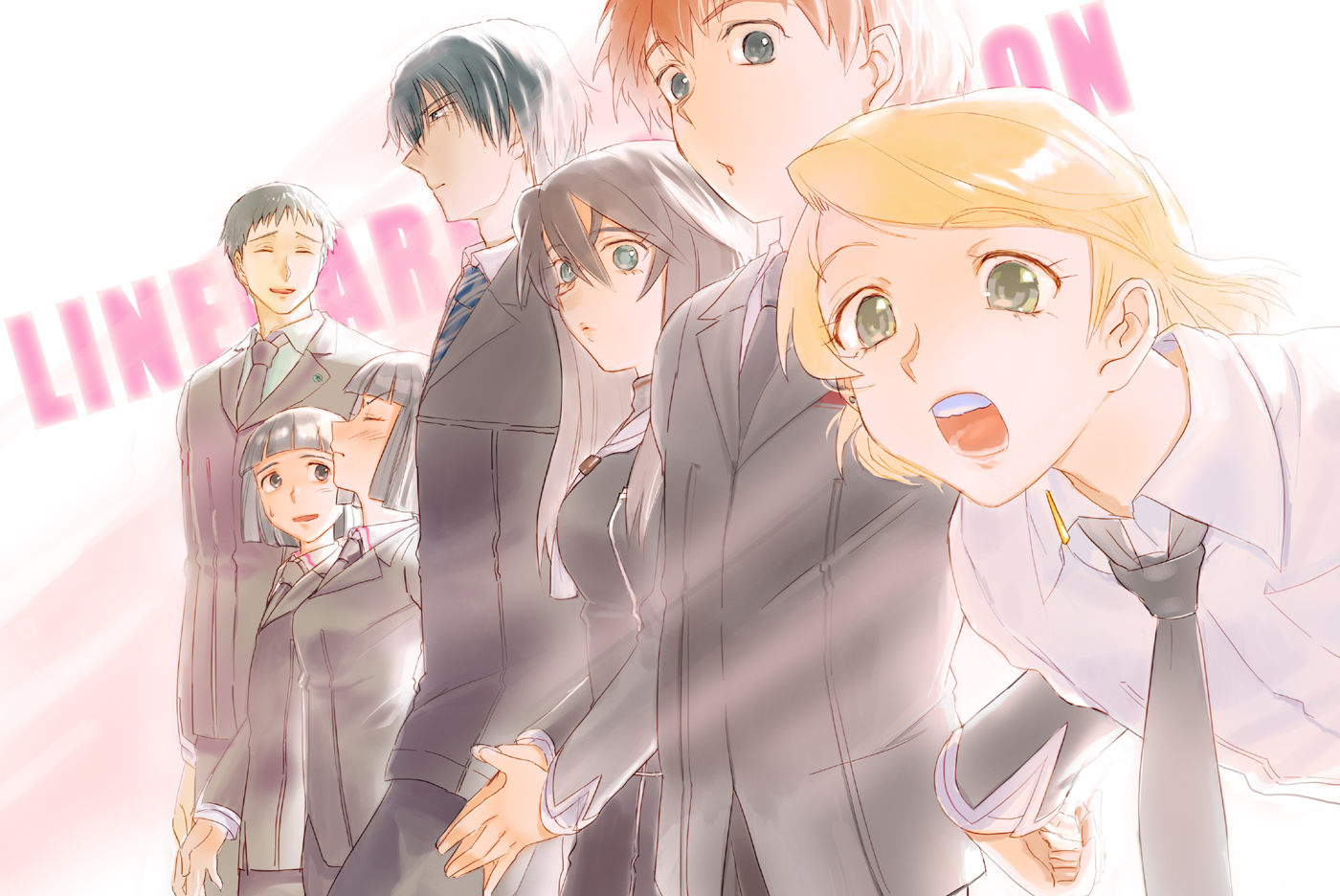 numa (pixiv172411), endou izuna, endou shizuna, hayase kouichi, kizaki emi, moritsugu reiji, nakajima soubi, yamashita satoru, kurogane no linebarrel, bad id, bad pixiv id, 00s, 2girls, 5boys, androgynous, brother and sister, formal clothes, multiple boys, multiple girls, necktie, reverse trap, short hair, siblings, twins