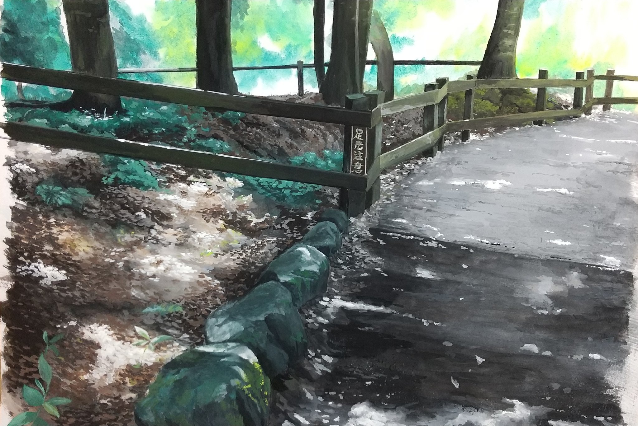 original, highres, painting (medium), traditional media, fence, harusa1107, moss, no humans, outdoors, park, path, plant, road, rock, scenery, wooden fence