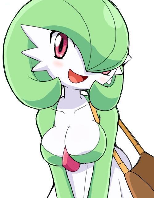 pokemoa, gardevoir, nintendo, pokemon, 1girl, bag, breasts, cleavage, female focus, gen 3 pokemon, green hair, green theme, handbag, pokemon (creature), red eyes, simple background, solo