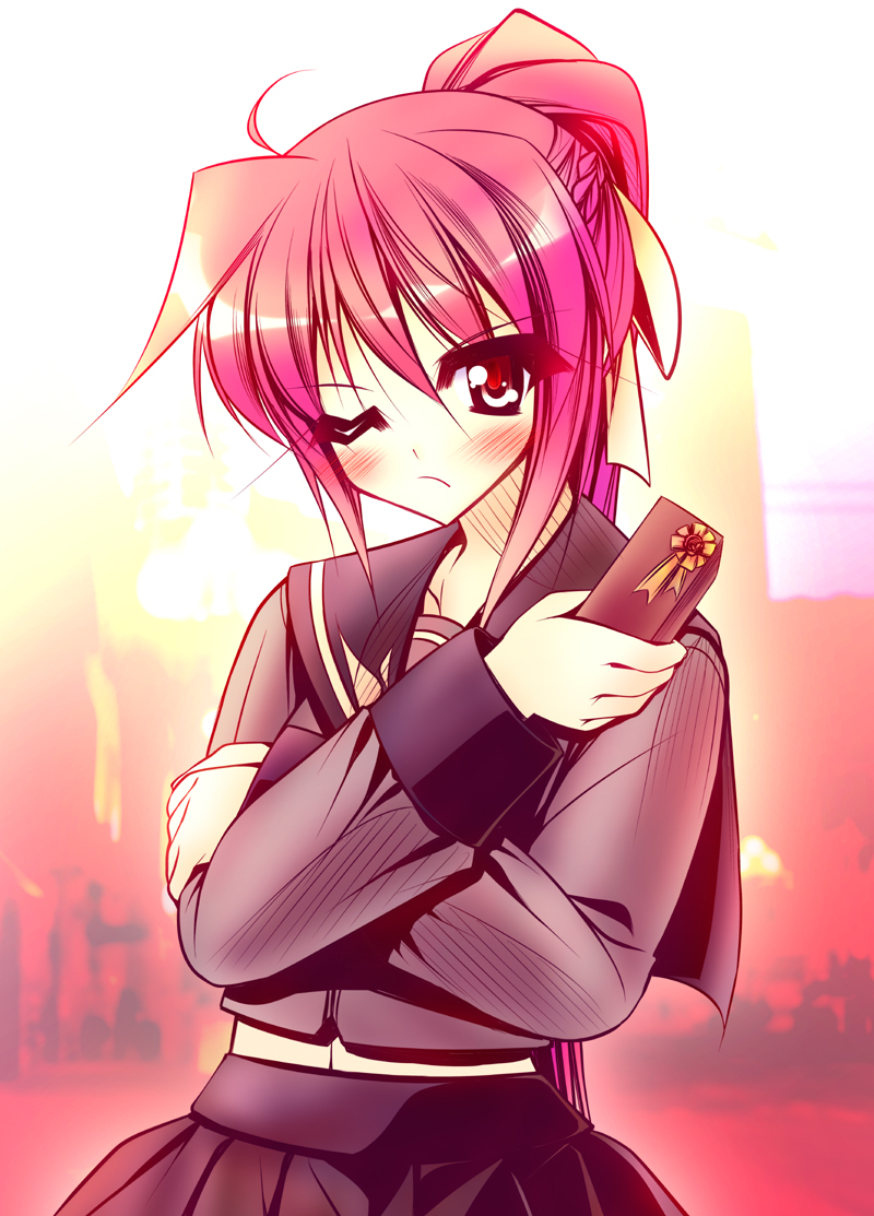 teruui, signum, lyrical nanoha, mahou shoujo lyrical nanoha, mahou shoujo lyrical nanoha a's, 00s, ahoge, blush, crossed arms, hair ribbon, long hair, pink eyes, pink hair, ponytail, ribbon, school, school uniform, skirt, solo, valentine