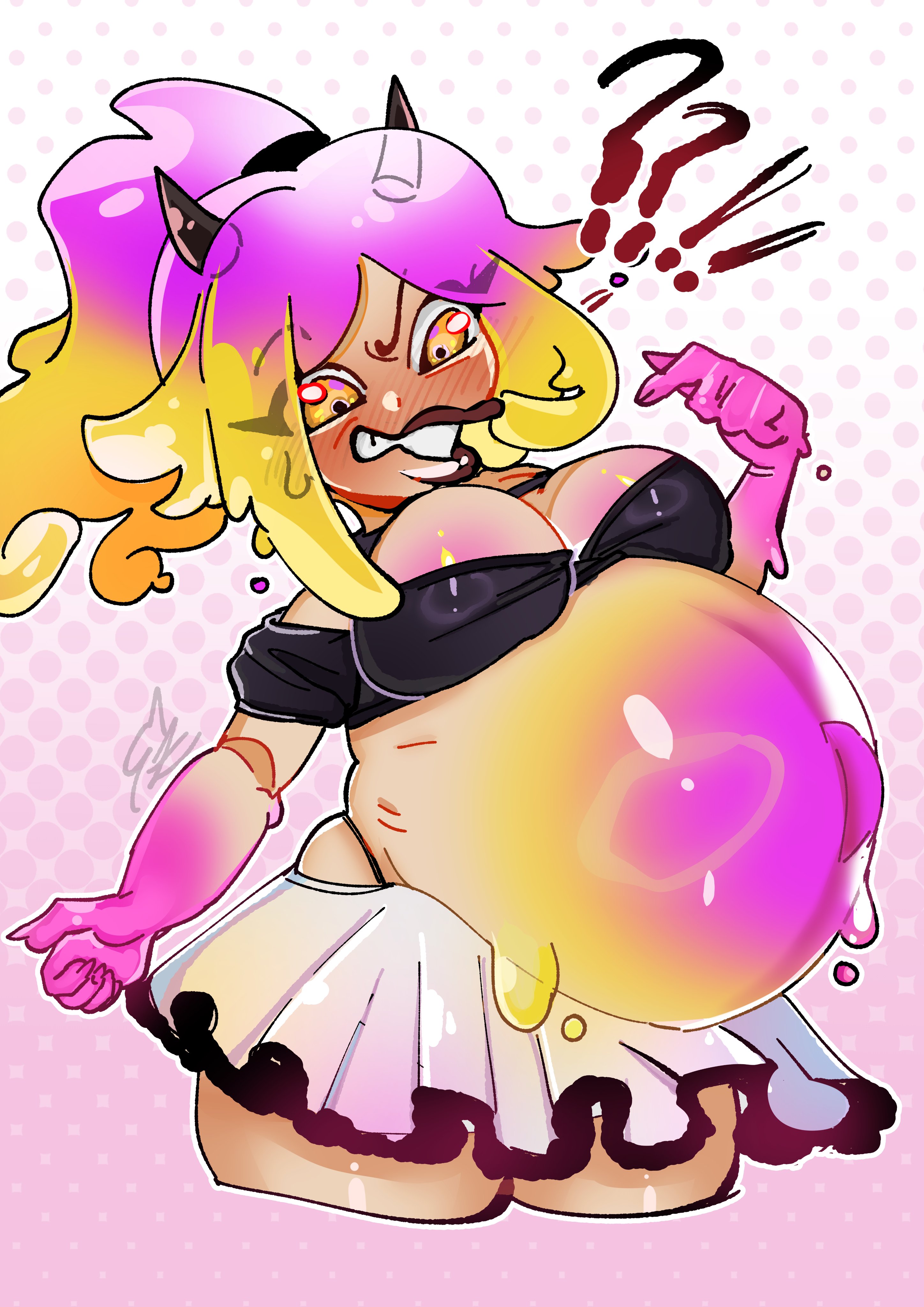absurdres, highres, big belly, colored skin, implied pregnancy, makarimorph, monster girl, multicolored hair, multicolored skin, outie navel, pregnant, slime girl, slime hair, zz zdravka