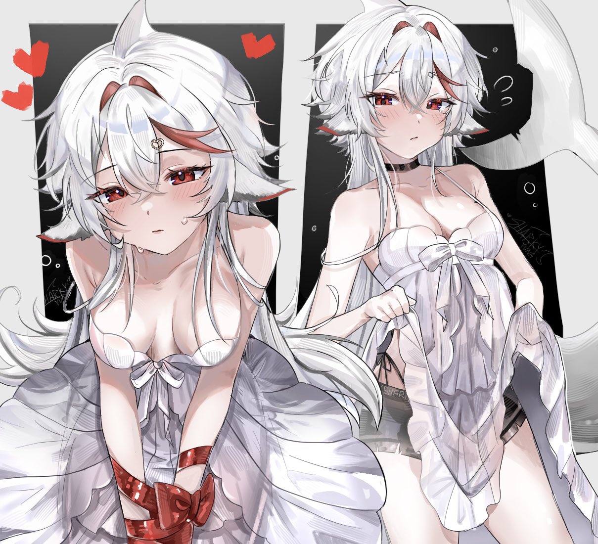sharkyyuna, indie virtual youtuber, commentary, english commentary, 1girl, animal ears, bare shoulders, black choker, blush, breasts, choker, closed mouth, collarbone, crossed bangs, double-parted bangs, dress, fins, fish tail, flying sweatdrops, hair between eyes, heart, long hair, looking at viewer, medium breasts, multicolored hair, multiple views, red eyes, red ribbon, red streaks, ribbon, shark girl, shark tail, sharkyyuna (vtuber), skirt hold, sleeveless, sleeveless dress, streaked hair, sweat, tail, virtual youtuber, white dress, white hair