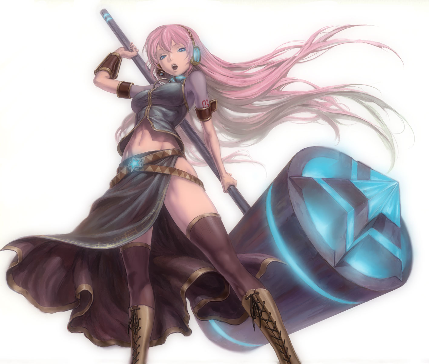 a-syun, fujii eishun, megurine luka, vocaloid, highres, revision, 1girl, boots, female focus, hammer, headphones, knee boots, long hair, long legs, midriff, navel, pink hair, solo, thighhighs, very long hair