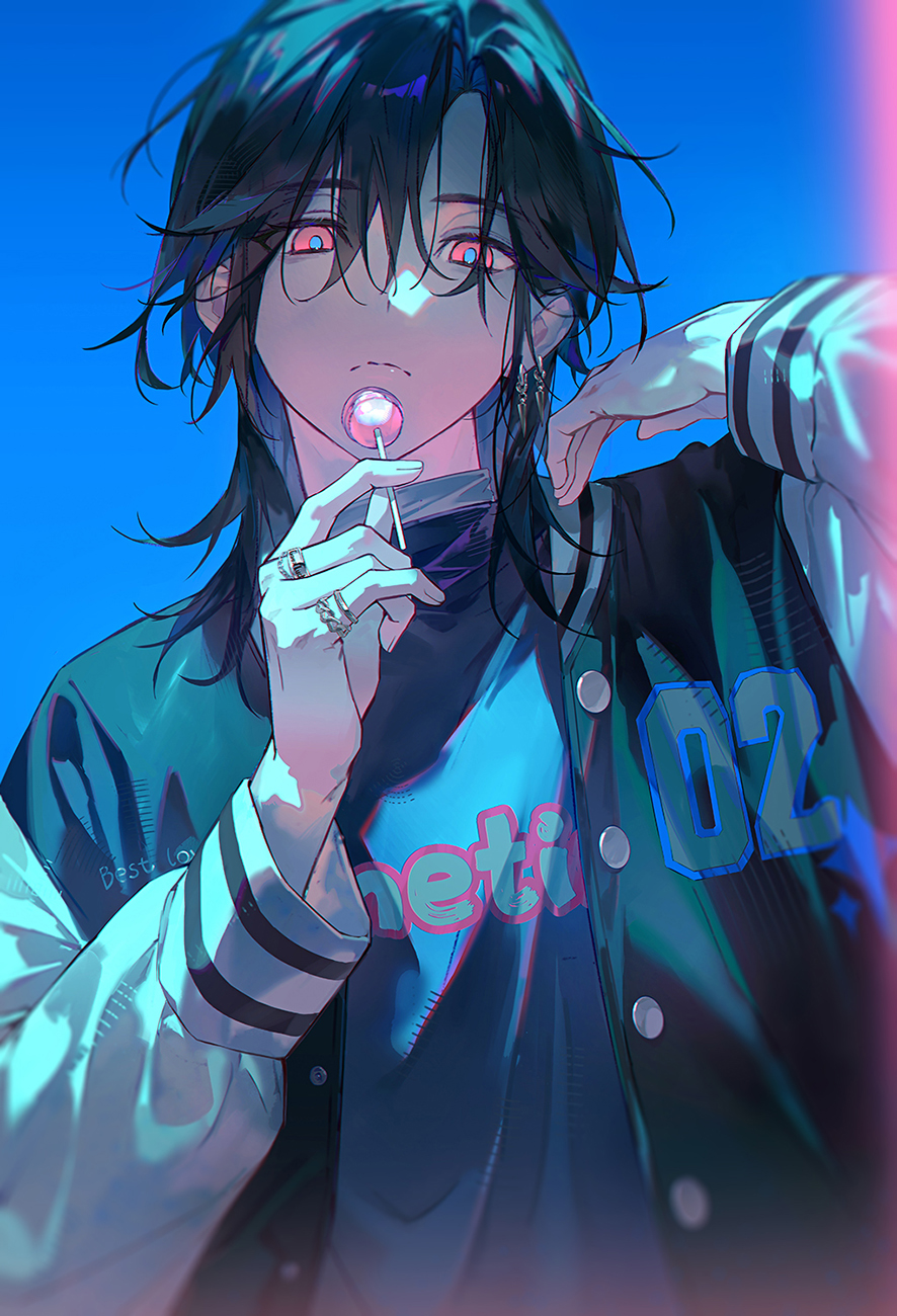 xiaojiaju, original, highres, 1boy, black hair, blue background, blue pupils, candy, closed mouth, earrings, expressionless, eyelashes, eyes visible through hair, fingernails, food, green jacket, holding, holding candy, holding food, holding lollipop, jacket, jewelry, lips, lollipop, long hair, long sleeves, looking at viewer, male focus, multiple rings, red eyes, ring, simple background, single earring, solo, upper body