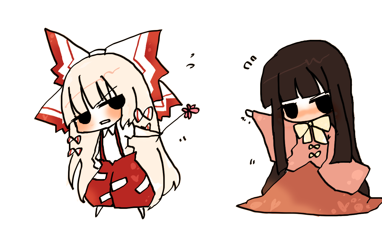 amachi osamu, fujiwara no mokou, houraisan kaguya, touhou, bad id, bad pixiv id, 2girls, black hair, blush, bow, chibi, female focus, flower, hair bow, hair ribbon, long hair, multiple girls, ribbon, tsundere, white hair