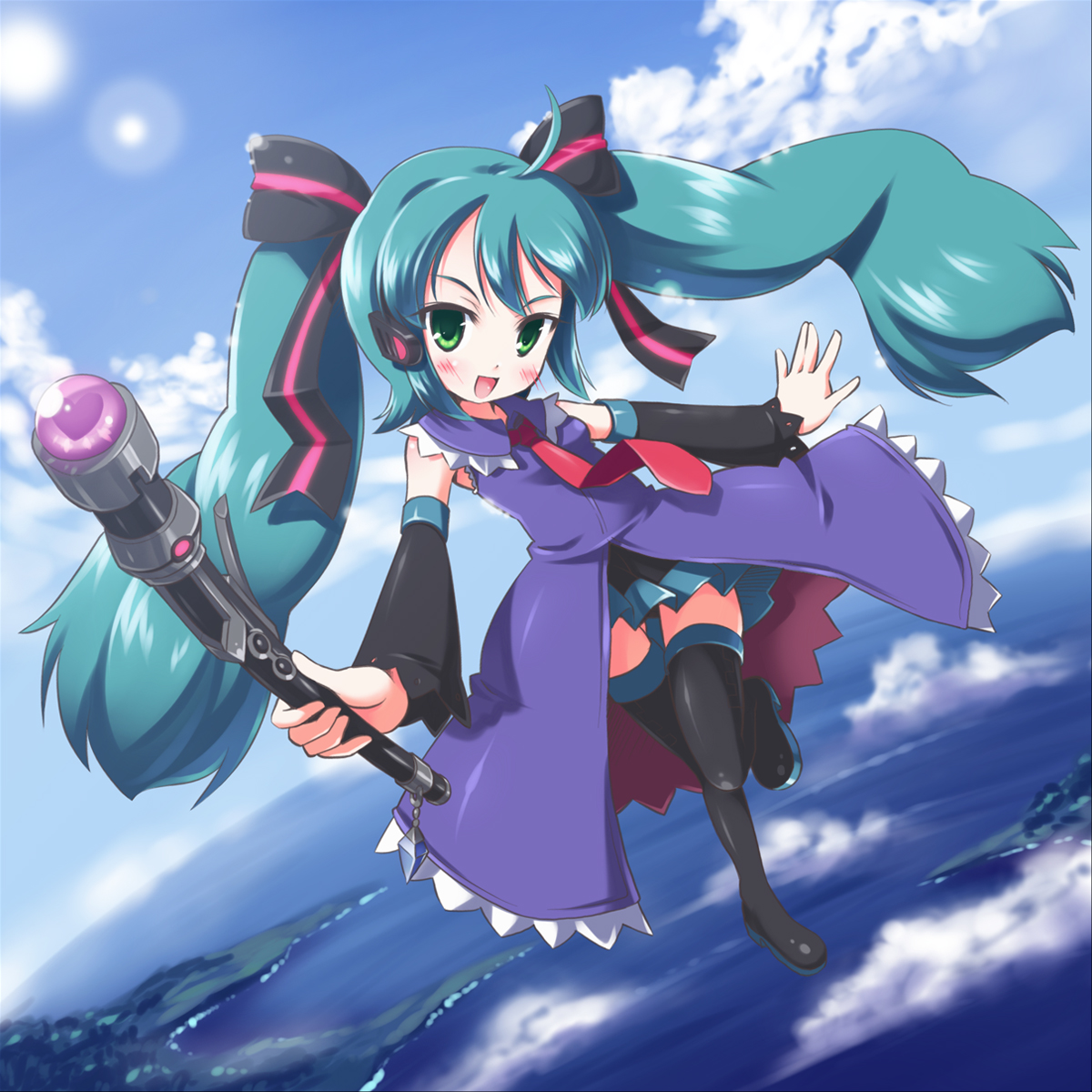 morujii, hatsune miku, vocaloid, bad id, bad pixiv id, highres, 1girl, aqua hair, day, female focus, magical girl, sky, solo, thighhighs, twintails, wand, zettai ryouiki