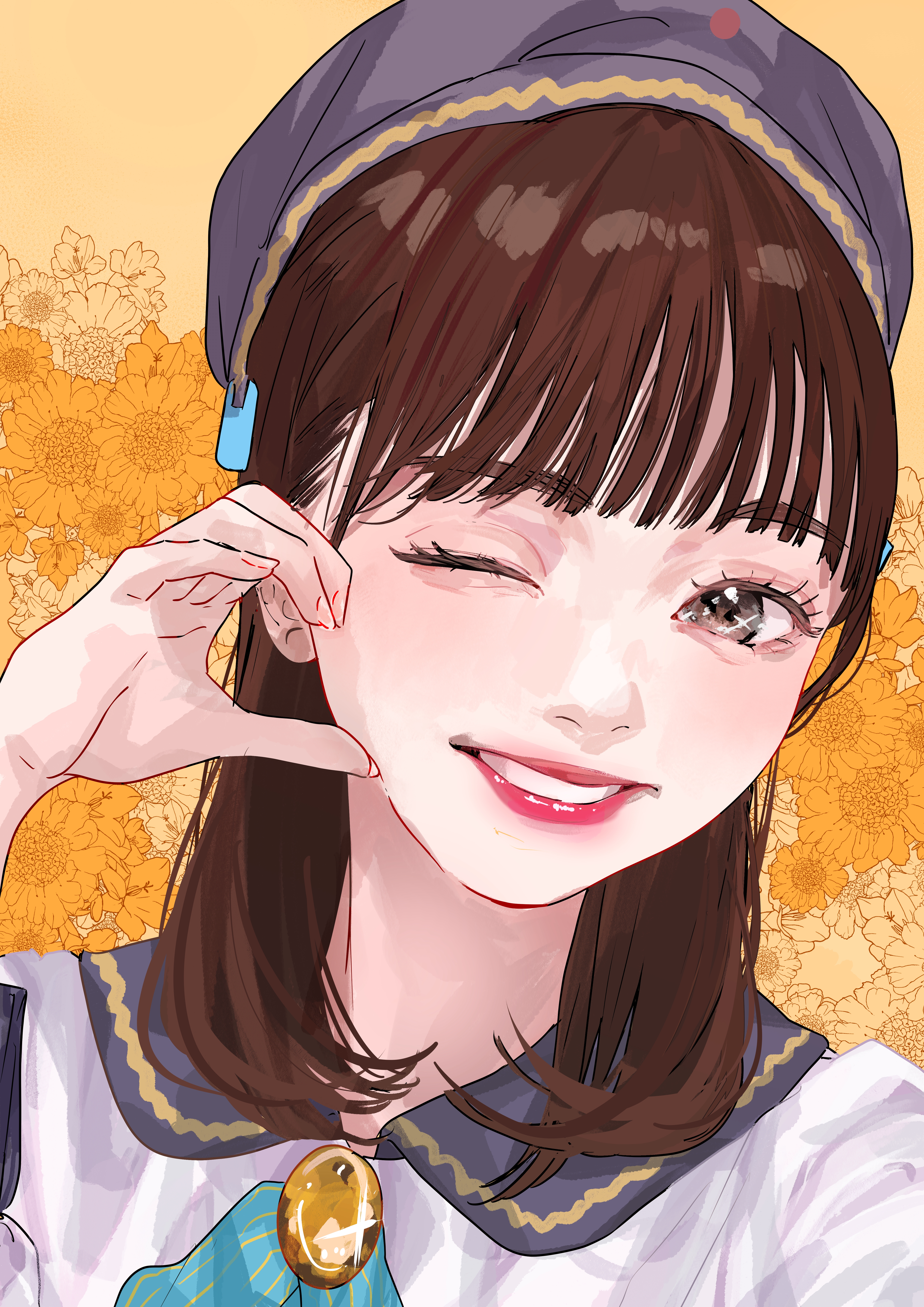 jin (oihlf), nirei nozomi, link! like! love live!, love live!, real life, absurdres, commentary request, highres, 1girl, ;d, beret, black hat, brown hair, collared dress, contrast collar, dream believers, dress, floral background, grey eyes, grin, hair ornament, hat, looking at viewer, medium hair, one eye closed, open mouth, orange background, portrait, rabbit hair ornament, rounded collar, smile, solo, voice actor, white dress