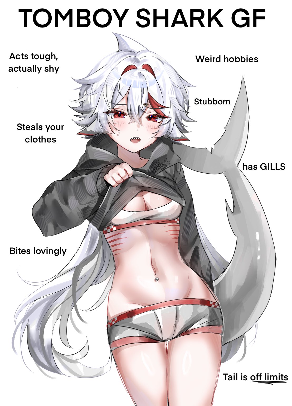 sharkyyuna, indie virtual youtuber, commentary, english commentary, highres, 1girl, animal ears, black hoodie, blush, breasts, clothes lift, cowboy shot, crossed bangs, double-parted bangs, english text, fins, fish tail, gills, grey shorts, hair between eyes, hood, hood down, hoodie, hoodie lift, long hair, long sleeves, medium breasts, micro shorts, multicolored hair, navel, navel piercing, open mouth, piercing, pointing out the details, red eyes, red streaks, shark girl, shark tail, sharkyyuna (vtuber), sharp teeth, shorts, simple background, small sweatdrop, solo, stomach, streaked hair, tail, teeth, virtual youtuber, white background, white hair