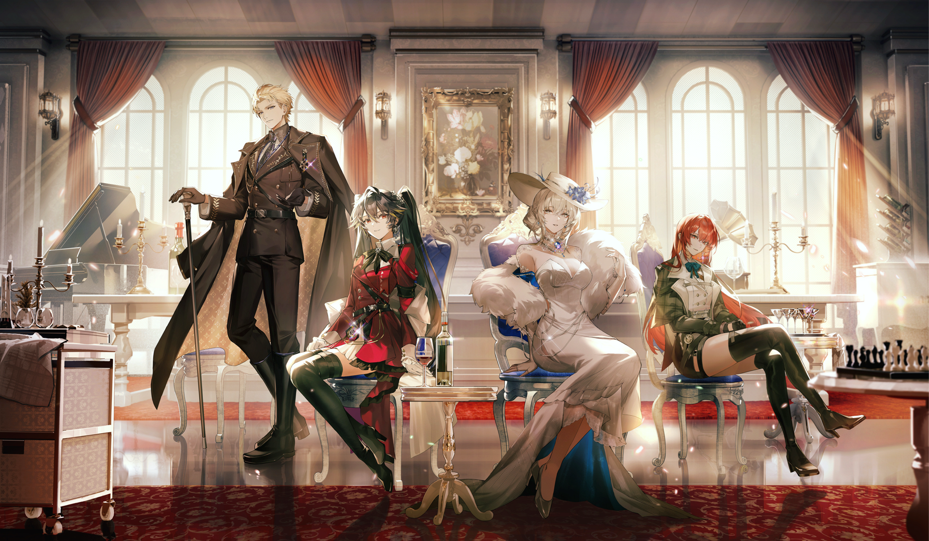 kuuus, bianca (pgr), chrome (pgr), lucia (pgr), vera (pgr), punishing: gray raven, chinese commentary, commentary request, highres, official art, 1boy, 3girls, black boots, black coat, black gloves, black jacket, black pants, blonde hair, blue eyes, boots, breasts, buttons, candlestand, cane, chessboard, coat, coat on shoulders, crossed legs, cup, double-breasted, dress, drinking glass, feather boa, gloves, hair between eyes, hand up, hat, high heel boots, high heels, indoors, instrument, jacket, large breasts, long dress, long hair, looking at viewer, multiple girls, official alternate costume, pants, phonograph, piano, red dress, red hair, short hair, single glove, sitting, thigh boots, thighs, twintails, white dress, white gloves, white hat, window
