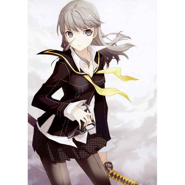 h2so4, narukami yu, atlus, persona, persona 4, gender request, 1girl, female focus, genderswap, glasses, grey eyes, grey hair, holding, holding removed eyewear, katana, leaning forward, long hair, pantyhose, school uniform, skirt, solo, sword, unworn eyewear, weapon, wind