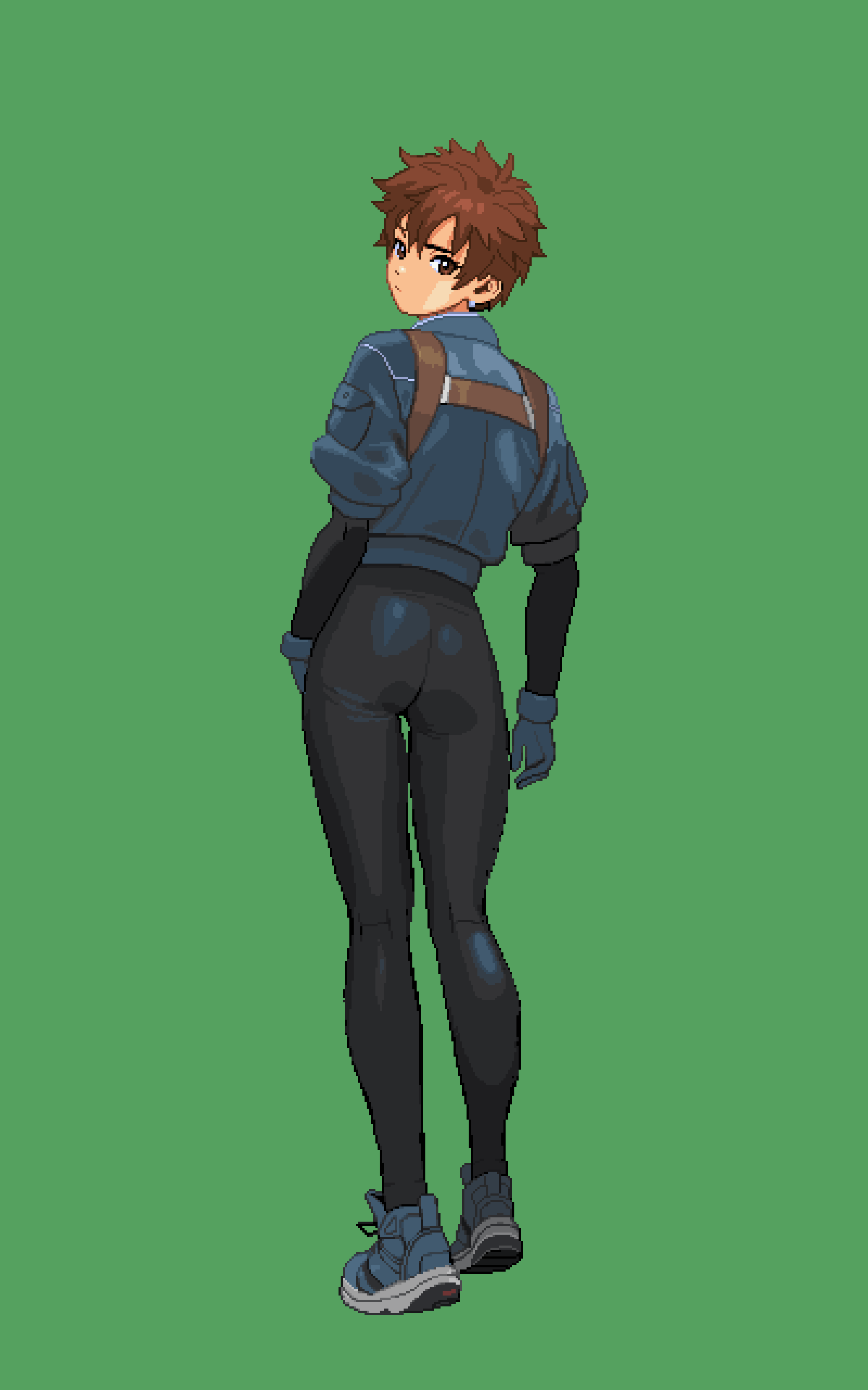 picopico256, kei sakuragi, the scramble vice, absurdres, commentary, highres, 1girl, ass, black bodysuit, bodysuit, brown eyes, brown hair, cropped jacket, earrings, full body, gloves, green background, grey gloves, grey jacket, jacket, jewelry, looking at viewer, looking back, messy hair, pixel art, shoes, simple background, skin tight, sneakers, solo
