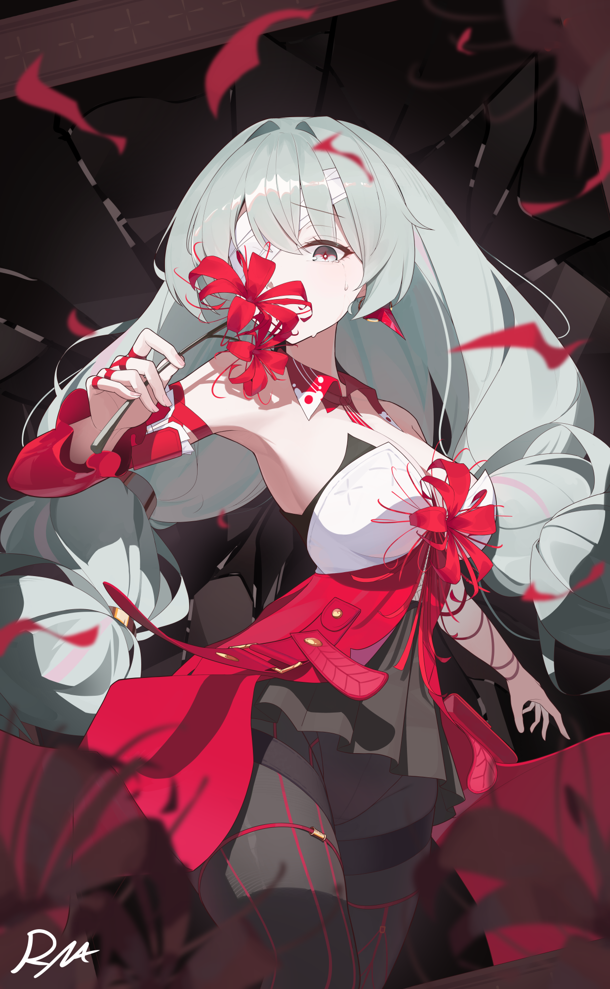 ryua (user kedz2257), phrolova (wuthering waves), wuthering waves, commentary, highres, 1girl, bandage over one eye, bare shoulders, black pantyhose, black skirt, breasts, cowboy shot, crying, crying with eyes open, detached sleeves, dress, earrings, flower, grey eyes, grey hair, halter dress, halterneck, holding, holding flower, jewelry, large breasts, looking at viewer, pantyhose, red dress, signature, single detached sleeve, skirt, solo, spider lily, tears