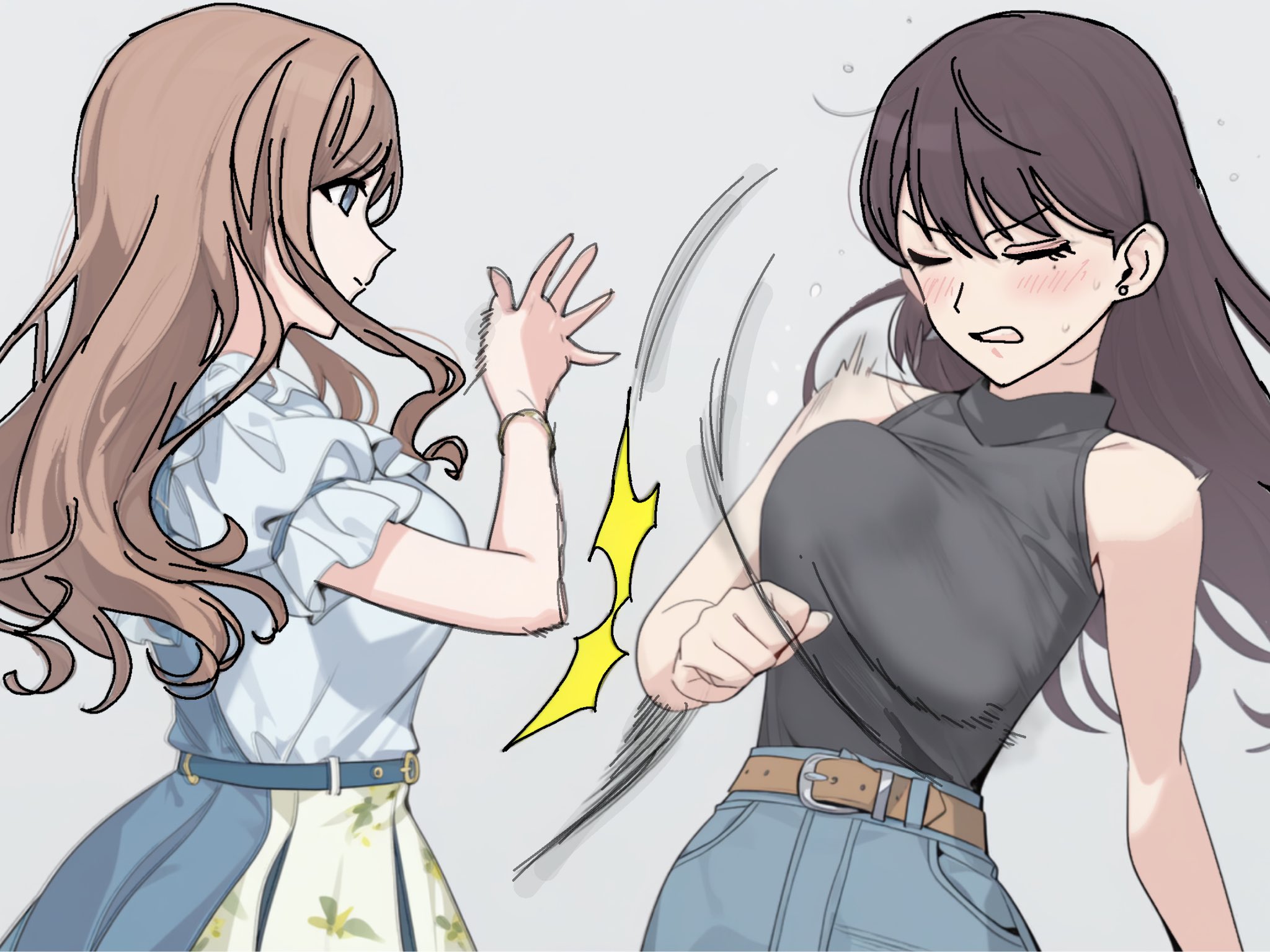 wtsino, nagasaki soyo, shiina taki, bang dream!, bang dream! it's mygo!!!!!, highres, 2girls, belt, blue eyes, blush, bracelet, breasts, brown hair, frilled shirt, frills, jewelry, long hair, medium breasts, motion lines, multiple girls, shirt, slapping breasts, sleeveless, sleeveless turtleneck, turtleneck, white shirt, yuri
