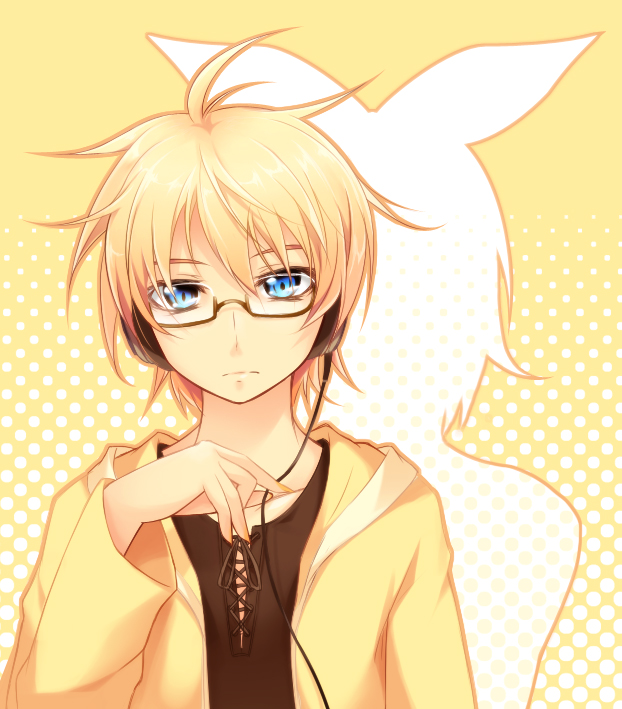 kazakura, kagamine len, vocaloid, bad id, bad pixiv id, 1boy, cable, glasses, headphones, male focus, school uniform, serafuku, solo, yellow background