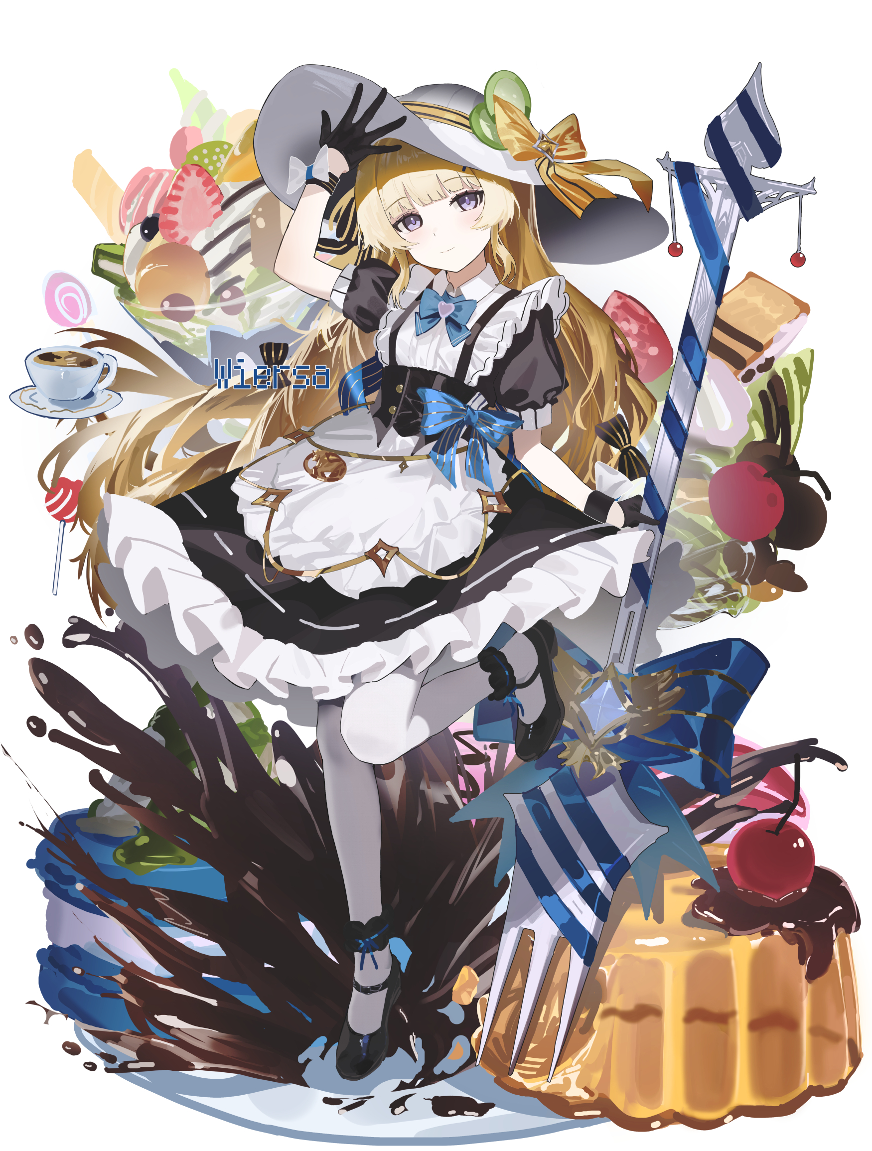 wiersa, phoebe (wuthering waves), wuthering waves, chinese commentary, commentary request, highres, 1girl, alternate costume, apron, arm up, black dress, black gloves, black shoes, blonde hair, blue bow, blue bowtie, bow, bowtie, cherry, closed mouth, dessert, dress, food, fork, fruit, full body, gloves, hat, hat bow, light blush, long hair, looking at viewer, pantyhose, pudding, purple eyes, shoes, short sleeves, smile, solo, white hat, white pantyhose, yellow bow