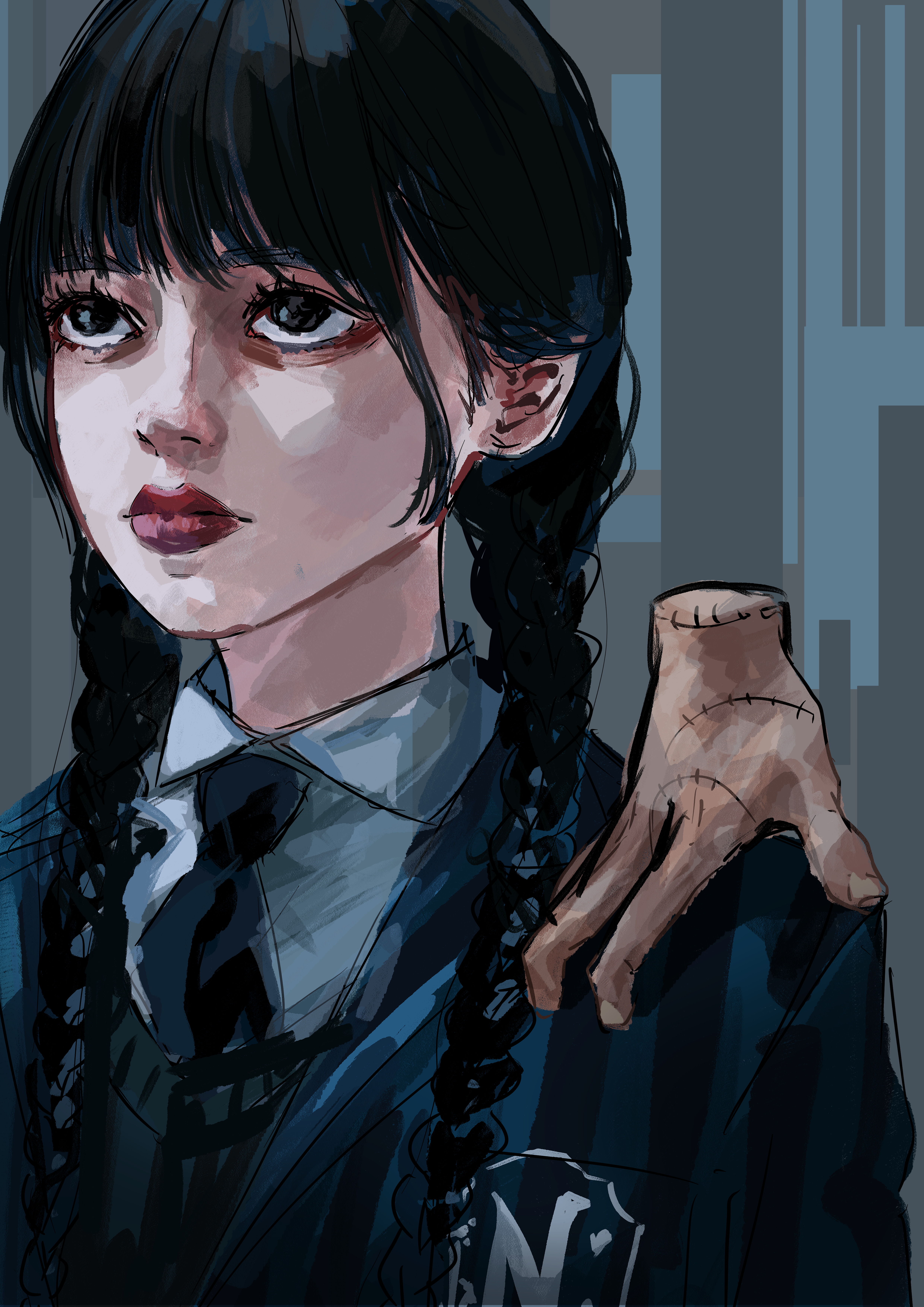 jin (oihlf), wednesday addams, the addams family, wednesday (netflix), absurdres, commentary request, highres, 1girl, black hair, black necktie, black sweater, braid, closed mouth, collared shirt, disembodied hand, grey background, jacket, long hair, low twin braids, necktie, open clothes, open jacket, red lips, school uniform, shirt, solo, sweater, twin braids, upturned eyes