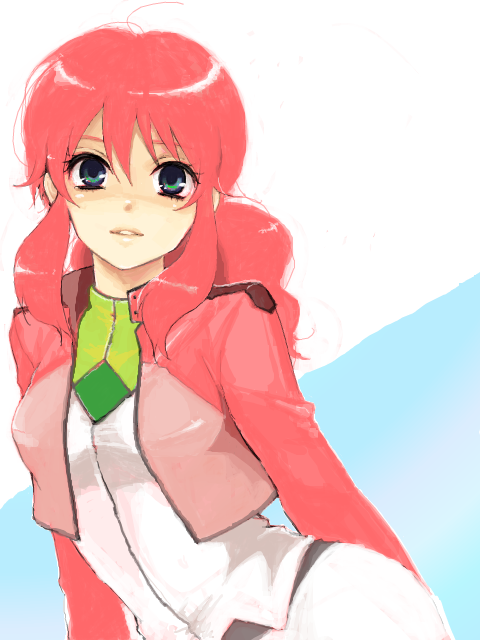 sten, feldt grace, gundam, gundam 00, 00s, blue eyes, cropped jacket, pink hair, ponytail, smile, solo, tegaki