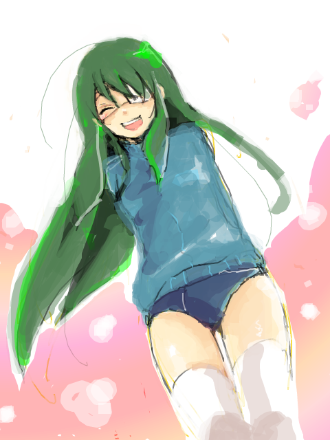 sten, hoshino yachiho, noberuge, buruma, eyepatch, gym uniform, male focus, smile, solo, tegaki, thighhighs