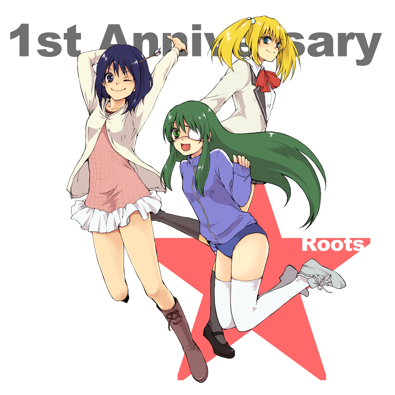 sten, hoshino yachiho, itoi kaede, narahara kei, noberuge, bad id, bad pixiv id, highres, 3girls, anniversary, arrow (projectile), arrow in body, arrow in head, blonde hair, blue eyes, blue hair, boots, buruma, casual, dress, eyepatch, green eyes, green hair, gym uniform, hair bobbles, hair ornament, kneehighs, legs, long hair, multiple girls, object through head, one eye closed, school uniform, shoes, short hair, skirt, smile, sneakers, socks, thighhighs, twintails, very long hair, white thighhighs, wink