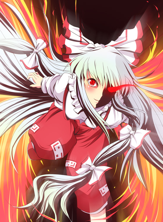 maki (seventh heaven maxion), fujiwara no mokou, touhou, silver hair, bad id, bad pixiv id, 1girl, female focus, glowing, glowing eye, glowing eyes, red eyes, ribbon, solo