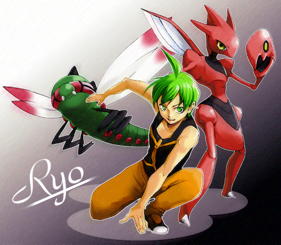 hirococo, aaron (pokemon), scizor, yanmega, nintendo, pokemon, bad id, bad pixiv id, 1boy, ahoge, character name, elite four, gen 2 pokemon, gen 4 pokemon, gradient background, green eyes, green hair, on one knee, pokemon (creature), short hair