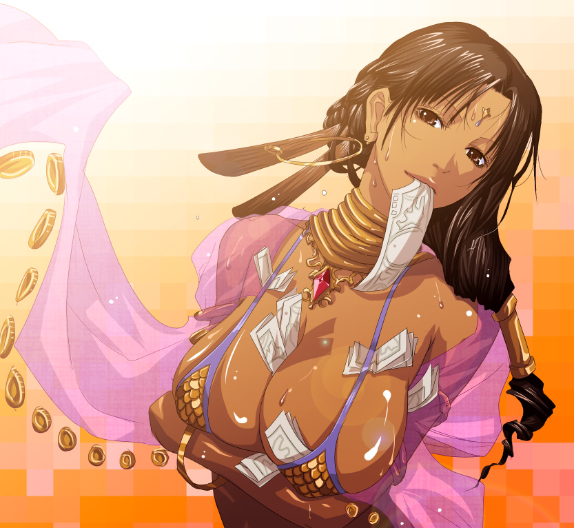 mr.romance, dancer (ragnarok online), ragnarok online, breast hold, 1girl, arabian clothes, belly dancer, bikini, bindi, bracelet, breasts, brown hair, cleavage, covered erect nipples, dancer, dark-skinned female, dark skin, earrings, feathers, female focus, gem, gypsy, hoop earrings, huge breasts, indian, jewelry, lots of jewelry, money, mouth hold, necklace, revealing clothes, shawl, shiny skin, solo, sweat, swimsuit, tucked money
