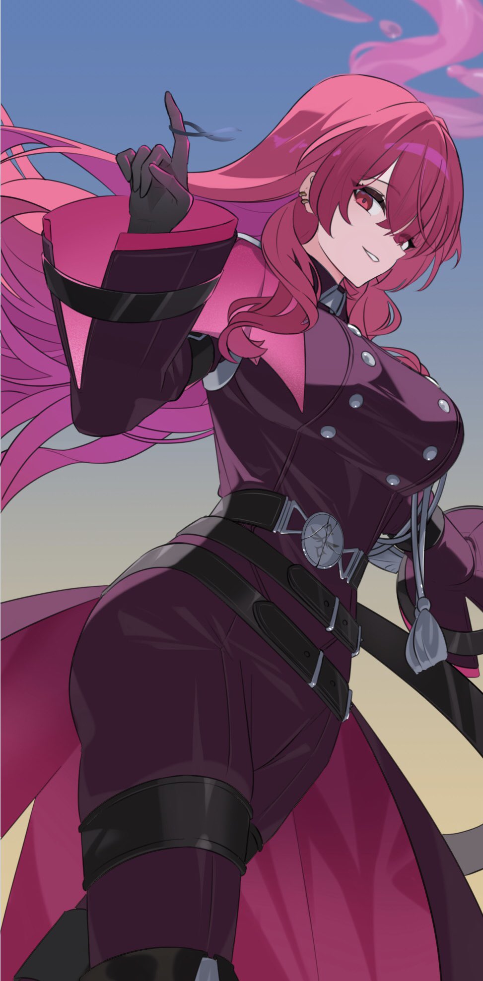 heichi, exosister martha, yu-gi-oh!, highres, 1girl, belt, breasts, buttons, double-breasted, duel monster, exosister karmael, gloves, index finger raised, large breasts, long hair, pants, purple eyes, purple hair, solo, thigh belt, thigh strap, very long hair