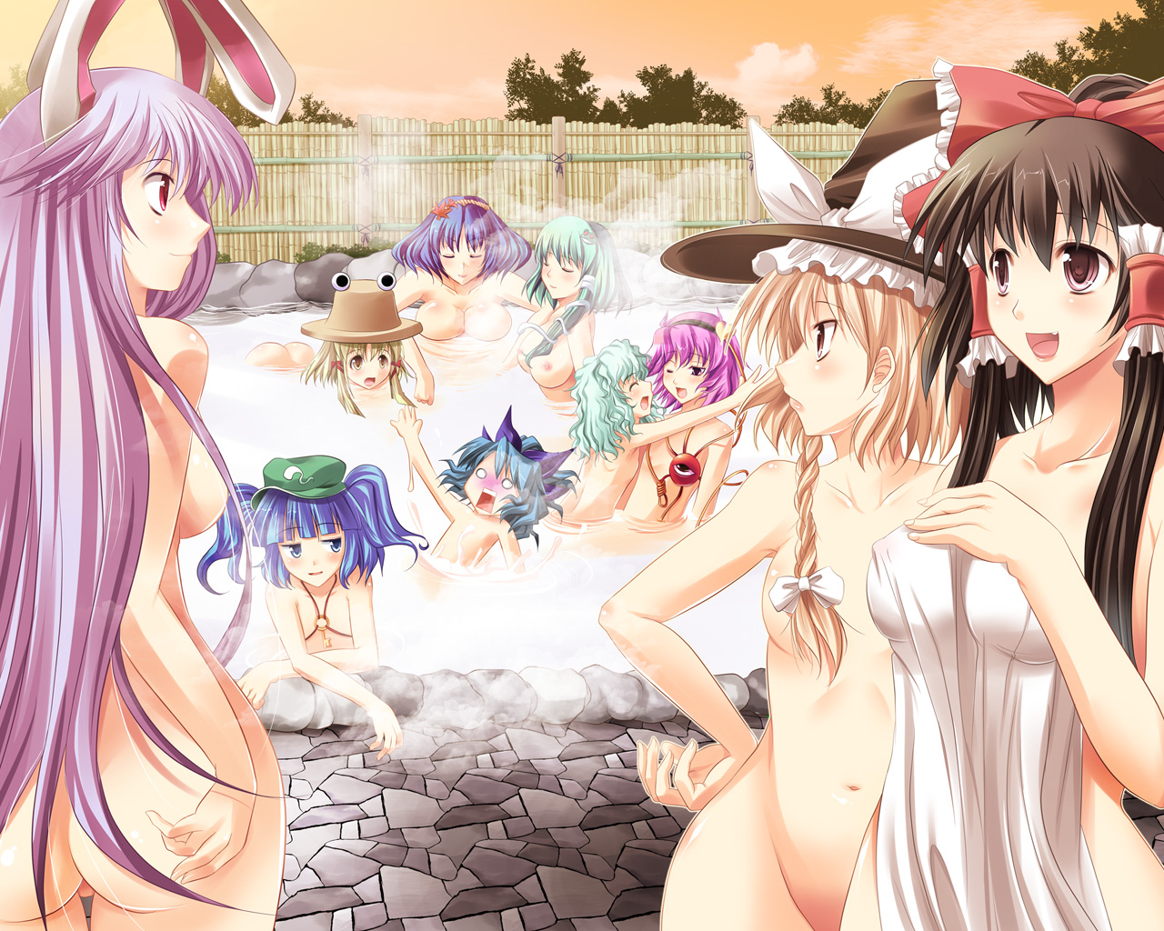 maki (seventh heaven maxion), cirno, hakurei reimu, kawashiro nitori, kirisame marisa, kochiya sanae, komeiji koishi, komeiji satori, moriya suwako, reisen udongein inaba, yasaka kanako, touhou, 6+girls, animal ears, ass, bath, blonde hair, breasts, female focus, groin, hat, loli, medium breasts, multiple girls, nipples, nude, onsen, rabbit ears, same-sex bathing, shared bathing, towel, two side up