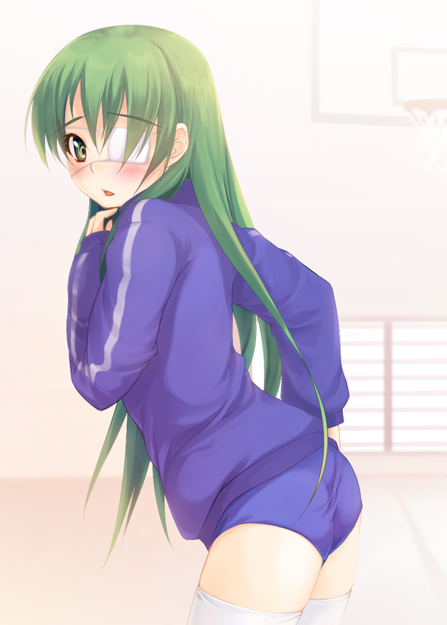 kazakura, hoshino yachiho, noberuge, bad id, bad pixiv id, blush, buruma, eyepatch, gym uniform, solo, thighhighs
