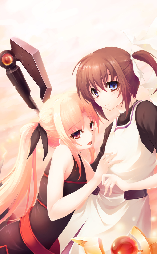 kazakura, bardiche (assault form) (nanoha), bardiche (nanoha), fate testarossa, fate testarossa (sonic form), raising heart, raising heart (accel mode), takamachi nanoha, lyrical nanoha, mahou shoujo lyrical nanoha, bad id, bad pixiv id, 00s, 2girls, multiple girls, ponytail, yuri
