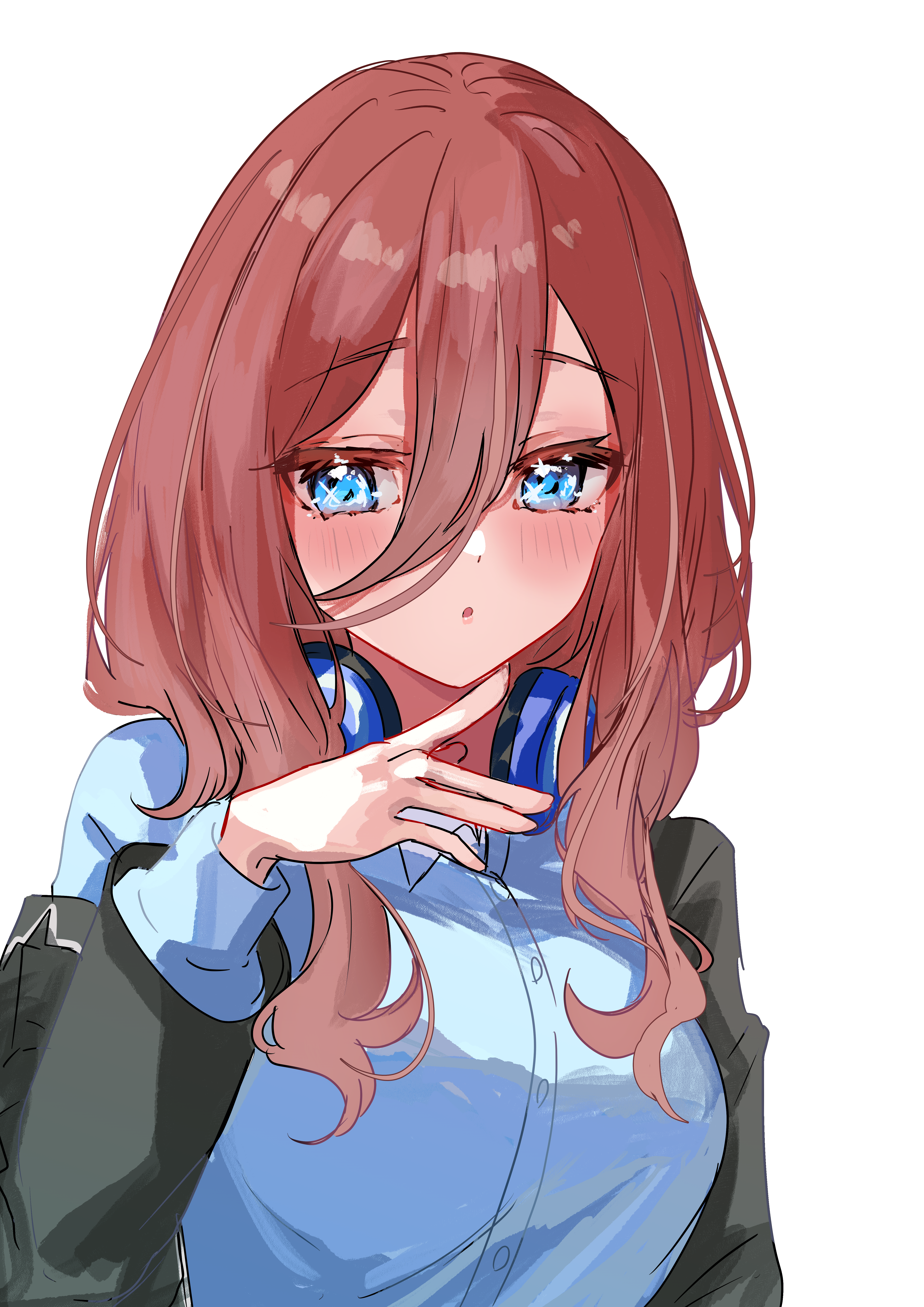 jin (oihlf), nakano miku, go-toubun no hanayome, absurdres, commentary request, highres, 1girl, black jacket, blazer, blue eyes, blue sweater, blush, breasts, brown hair, collared shirt, hair between eyes, jacket, large breasts, long hair between eyes, looking at viewer, loosely tucked bangs, off shoulder, open clothes, open jacket, parted lips, shirt, simple background, solo, sweater, upper body, white background