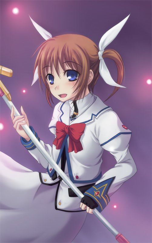 kazakura, raising heart, takamachi nanoha, takamachi nanoha (sacred mode), lyrical nanoha, mahou shoujo lyrical nanoha, mahou shoujo lyrical nanoha a's, bad id, bad pixiv id, 00s, 1girl, blue eyes, brown hair, female focus, fingerless gloves, gloves, magical girl, purple eyes, single glove, solo, twintails