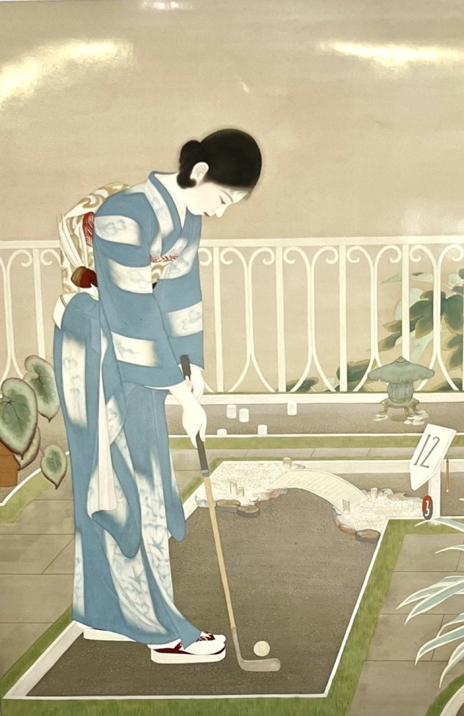 highres, 1girl, black hair, golf, golf club, japanese clothes, leaf, niwa akiko, obi, sash