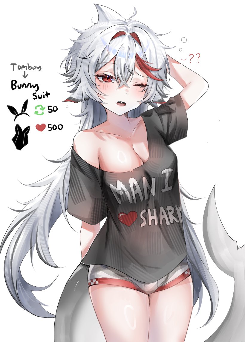 sharkyyuna, indie virtual youtuber, commentary, english commentary, 1girl, ?, ??, animal ears, arm behind back, arm behind head, black shirt, breasts, cleavage, clothes writing, collarbone, cowboy shot, crossed bangs, double-parted bangs, english text, fins, fish tail, grey shorts, hair between eyes, i heart…, long hair, looking at viewer, man i love fishing (meme), medium breasts, meme, micro shorts, multicolored hair, one eye closed, open mouth, red eyes, red streaks, shark girl, shark tail, sharkyyuna (vtuber), shirt, short sleeves, shorts, simple background, single bare shoulder, solo, squeans, streaked hair, tail, thighs, twitter strip game, virtual youtuber, white background, white hair