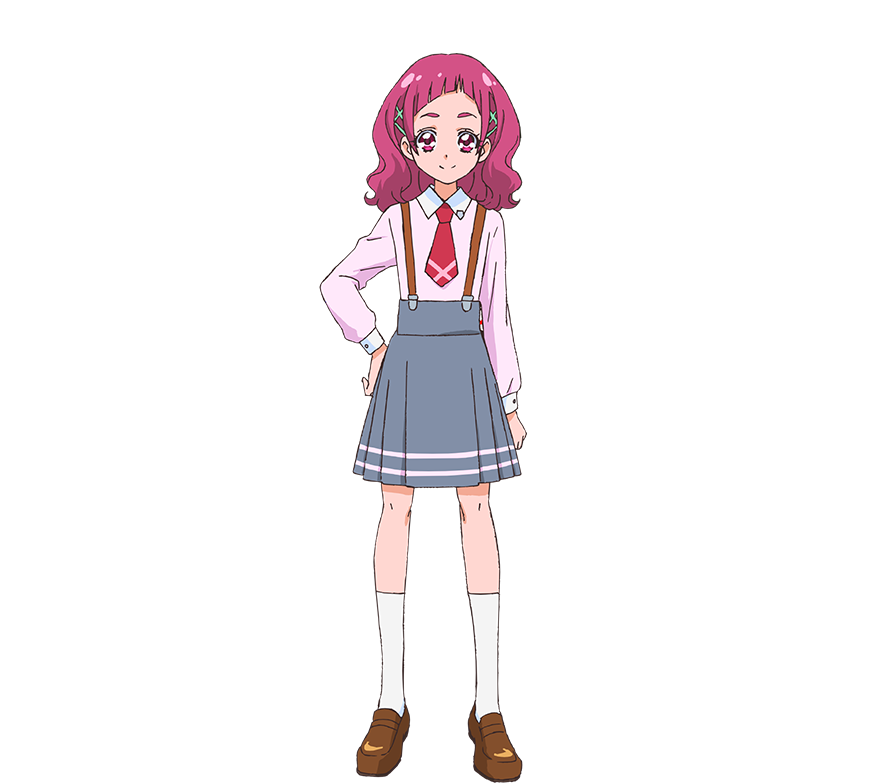 nono hana, hugtto! precure, precure, official art, second-party source, 1girl, brown shoes, closed mouth, collared shirt, diagonal bangs, full body, grey skirt, hand on own hip, kneehighs, l'avenir academy school uniform, loafers, long hair, long sleeves, looking at viewer, necktie, pink eyes, pink hair, pleated skirt, red necktie, school uniform, shirt, shoes, simple background, skirt, smile, socks, solo, standing, suspender skirt, suspenders, tachi-e, transparent background, white shirt, white socks