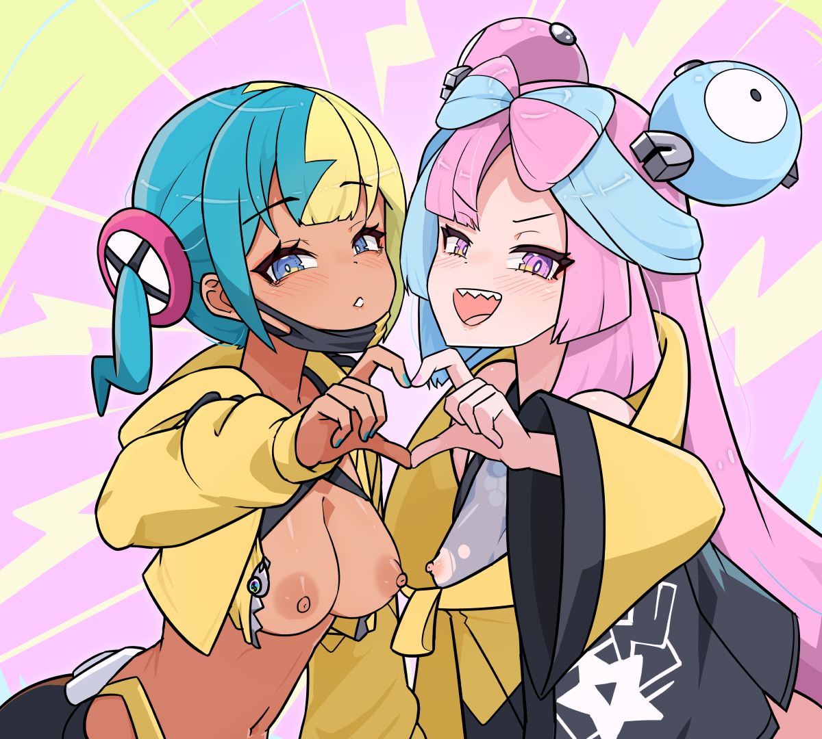 moral cacoethes, canari (pokemon), iono (pokemon), pokemon, pokemon legends: z-a, pokemon sv, 2girls, dark-skinned female, dark skin, multiple girls, nipples