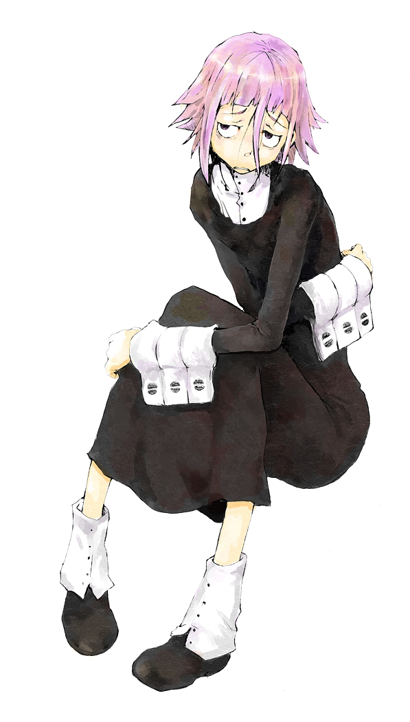 tamaoki benkyou, crona (soul eater), soul eater, gender request, 00s, androgynous, black dress, cuff links, dress, frown, hair between eyes, high collar, pink hair, sad, shoes, short hair, sitting, solo