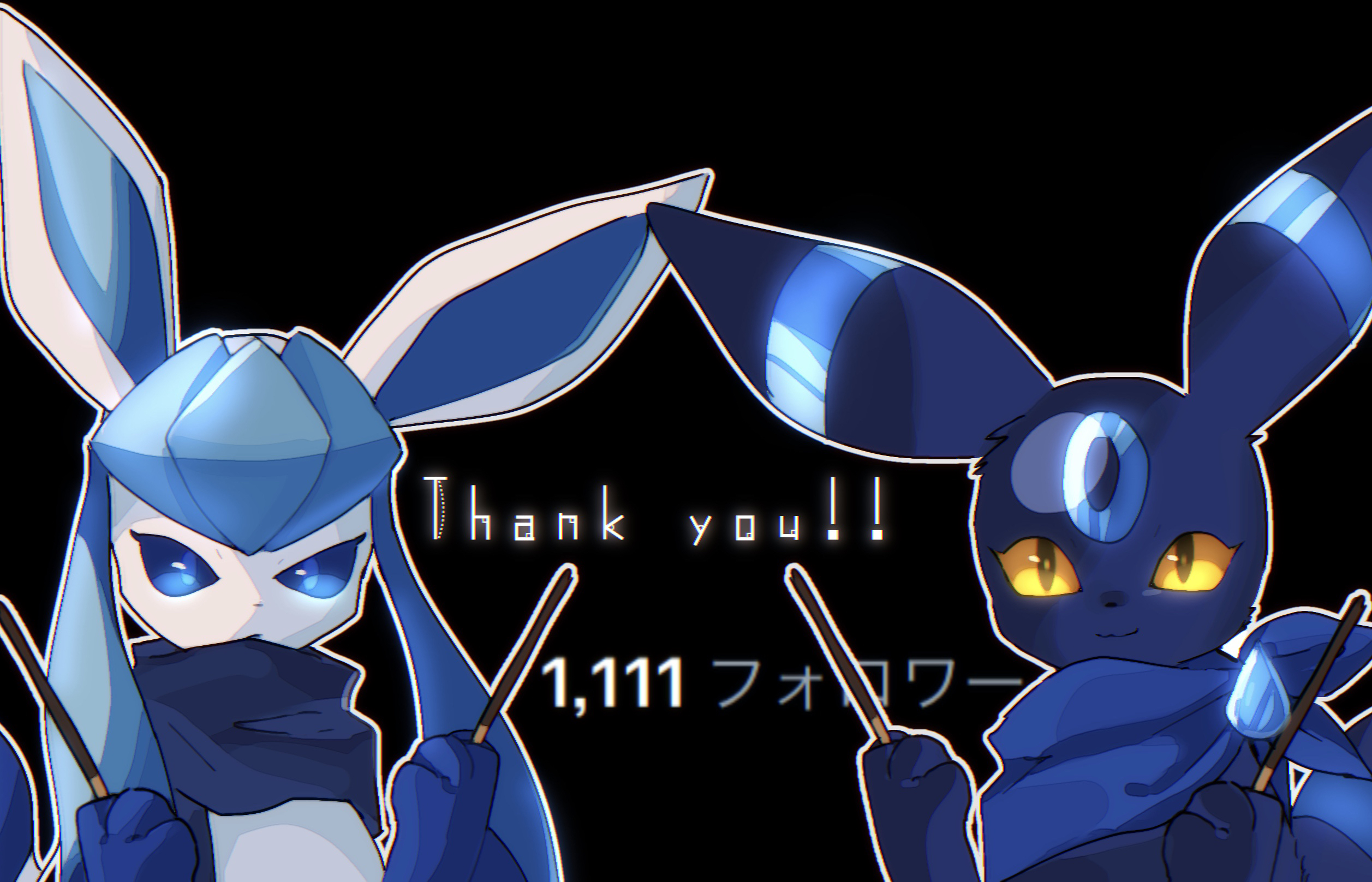 iogi (iogi k), glaceon, umbreon, nintendo, pokemon, highres, :3, alternate color, animal focus, bandana, bandana around neck, between fingers, black background, black eyes, blue bandana, blue eyes, blue hair, blue scarf, blue sclera, chromatic aberration, closed mouth, clothed pokemon, colored sclera, english text, expressionless, facial mark, food, forehead mark, gen 2 pokemon, gen 4 pokemon, hands up, happy, holding, holding food, holding pocky, japanese text, long hair, milestone celebration, mixed-language text, no humans, outline, pocky, pokemon (creature), scarf, shiny pokemon, sidelocks, simple background, smile, symmetry, upper body, white outline, yellow sclera