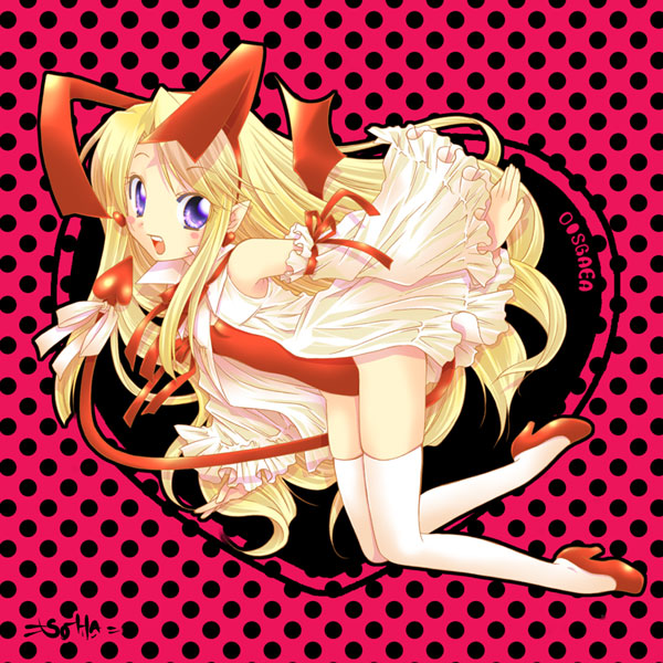 kannari okuno, flonne, flonne (fallen angel), disgaea, nippon ichi, 1girl, bat wings, blonde hair, blue eyes, bow, detached sleeves, fallen angel, female focus, flat chest, leotard, long hair, pointy ears, red leotard, solo, tail, tail bow, tail ornament, thighhighs, wings
