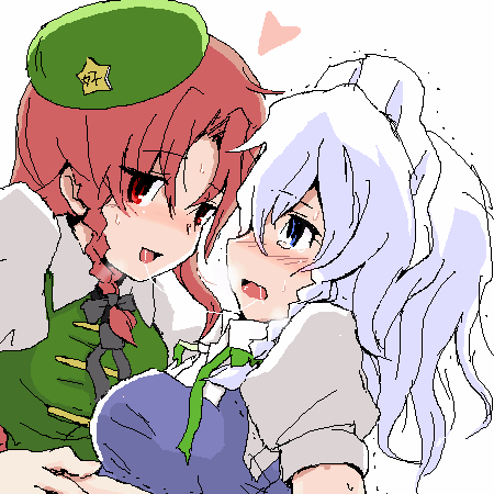 hong meiling, izayoi sakuya, embodiment of scarlet devil, touhou, lowres, 2girls, after kiss, blush, braid, female focus, hat, multiple girls, saliva, saliva trail, yuri