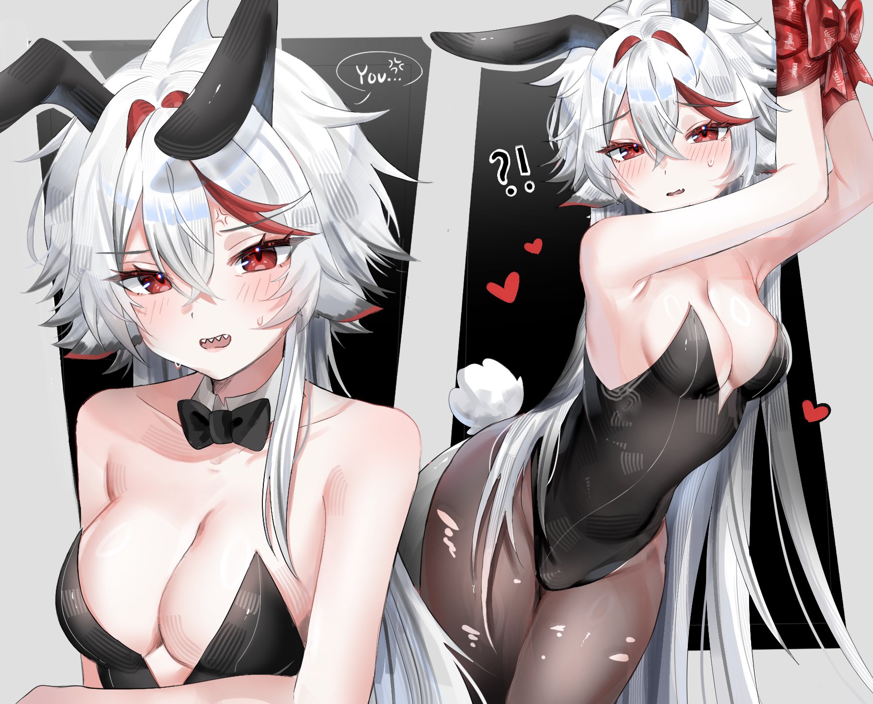 sharkyyuna, indie virtual youtuber, commentary, english commentary, highres, !?, 1girl, anger vein, animal ears, armpits, arms up, black bow, black bowtie, black leotard, black pantyhose, blush, bound, bound wrists, bow, bowtie, breasts, cleavage, crossed bangs, detached collar, double-parted bangs, fake animal ears, fake tail, hair between eyes, heart, leotard, long hair, looking at viewer, medium breasts, multicolored hair, open mouth, pantyhose, playboy bunny, rabbit ears, rabbit tail, red eyes, red ribbon, red streaks, ribbon, sharkyyuna (vtuber), speech bubble, spoken anger vein, strapless, strapless leotard, streaked hair, sweat, tail, torn clothes, torn pantyhose, virtual youtuber, white hair