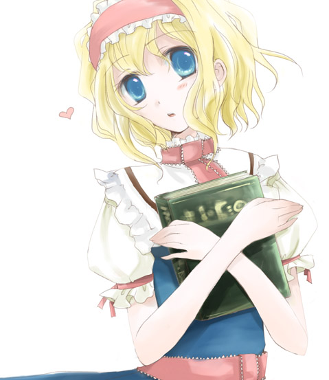 shima hinako, alice margatroid, touhou, 1girl, book, female focus, heart, simple background, solo, upper body, white background