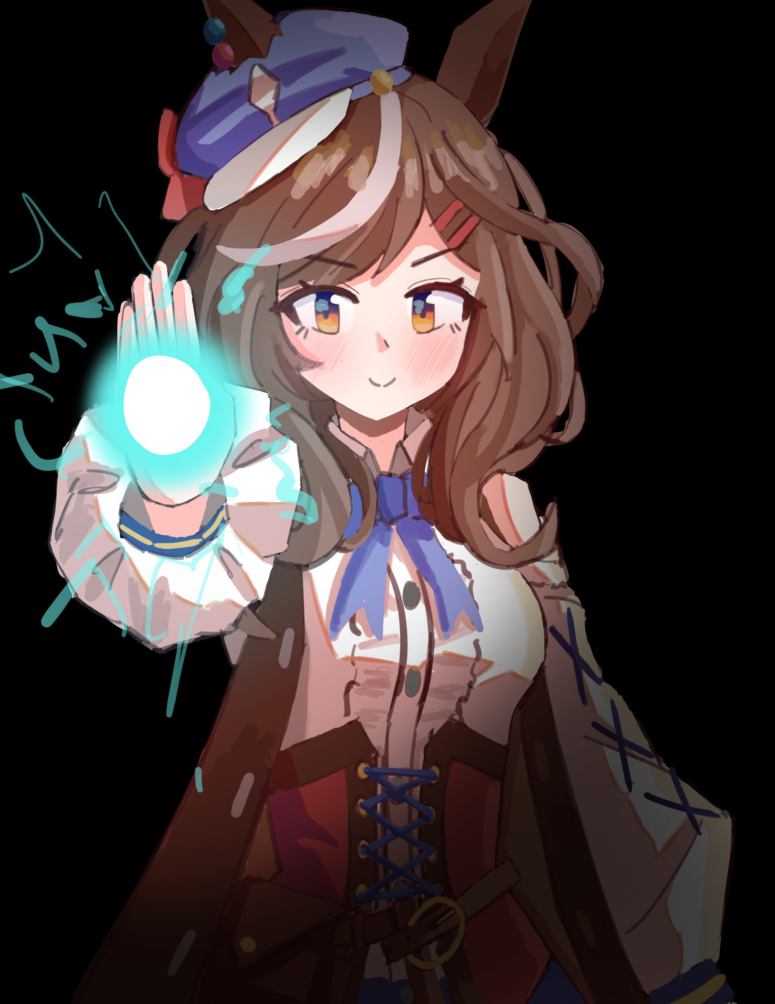 matikanetannhauser (panpaka tiltott) (umamusume), matikanetannhauser (umamusume), umamusume, absurdres, highres, 1girl, animal ears, belt bag, biden blast (meme), blue hat, blush, bow, breasts, brown hair, center frills, clothing cutout, corset, ear ornament, ears through headwear, energy ball, frills, hair ornament, hairclip, haniiders, hat, horse ears, horse girl, horse tail, looking at viewer, medium breasts, medium hair, meme, multicolored hair, newsboy cap, red corset, shoulder cutout, simple background, smile, solo, streaked hair, tail, tilted headwear, yellow eyes