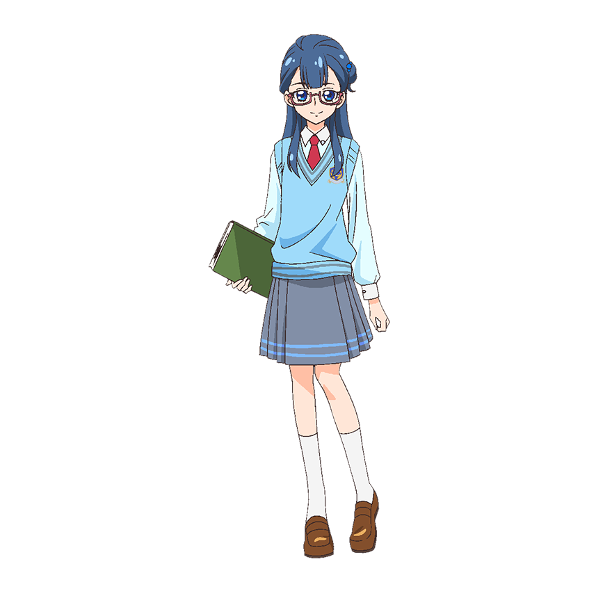 yakushiji saaya, hugtto! precure, precure, official art, second-party source, 1girl, blue eyes, blue hair, blue sweater vest, blunt bangs, book, closed mouth, collared shirt, full body, glasses, grey skirt, holding, holding book, kneehighs, l'avenir academy school uniform, loafers, long hair, long sleeves, looking at viewer, miniskirt, necktie, pleated skirt, red-framed eyewear, red necktie, school uniform, semi-rimless eyewear, shirt, shoes, simple background, skirt, smile, socks, solo, standing, sweater vest, tachi-e, white shirt, white socks