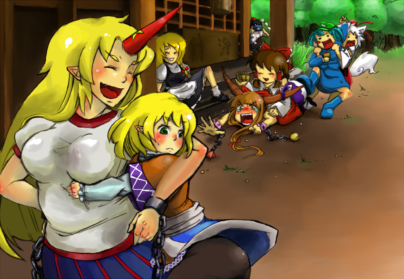 inu poteto, hakurei reimu, hoshiguma yuugi, ibuki suika, inubashiri momiji, kawashiro nitori, kirisame marisa, mizuhashi parsee, shameimaru aya, touhou, silver hair, bad id, bad pixiv id, 6+girls, animal ears, beans, black hair, blonde hair, blue hair, blush, braid, brown hair, camera, chain, detached sleeves, female focus, green eyes, hat, horns, japanese clothes, mamemaki, miko, multiple girls, pointy ears, setsubun, short hair, side braid, single horn, tail, tears, tokin hat, wolf ears, wolf tail, yellow eyes