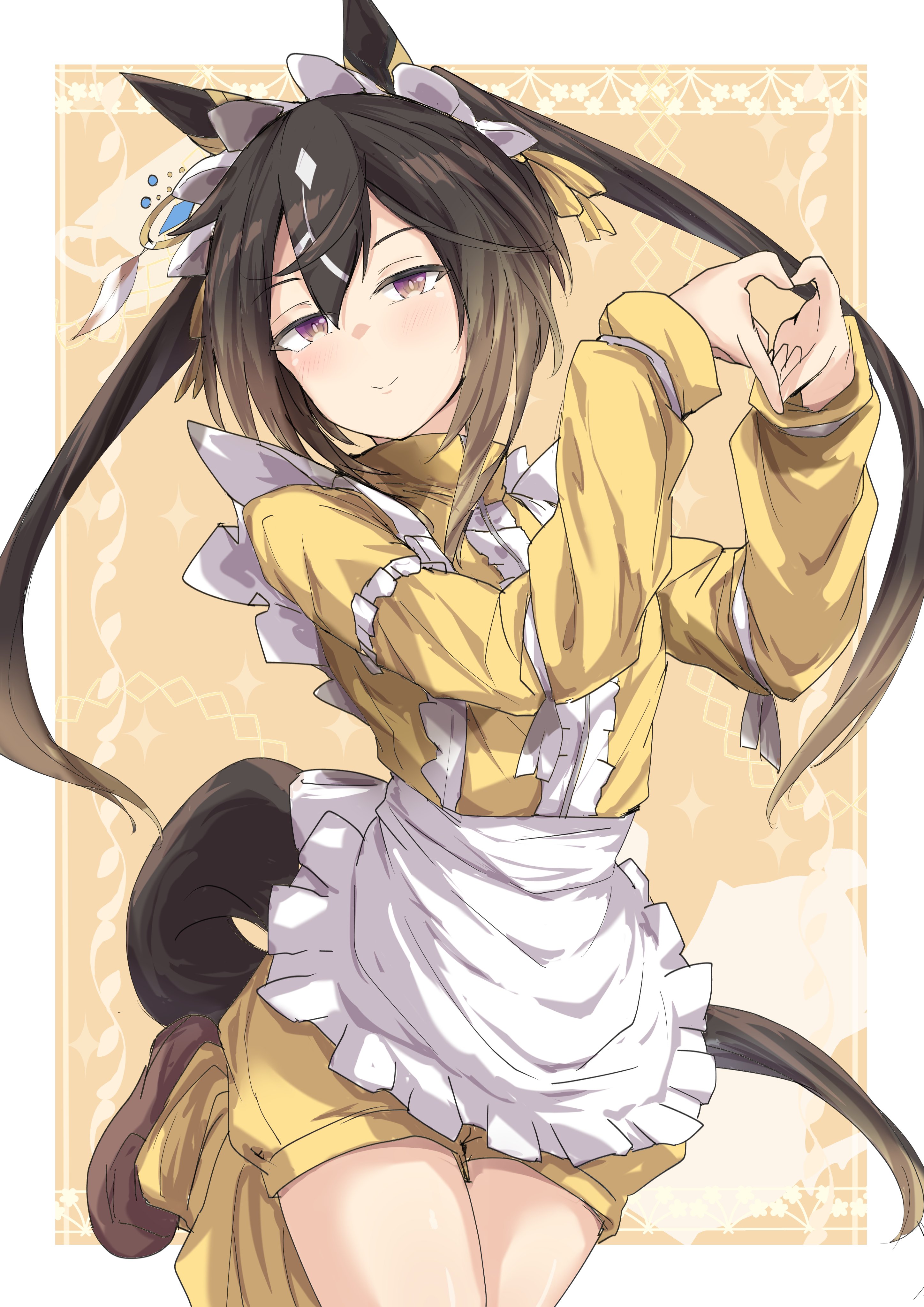 nagisa (imizogami), stay gold (umamusume), umamusume, absurdres, highres, 1girl, animal ears, apron, brown hair, closed mouth, four-finger heart hands, frilled apron, frills, hair between eyes, heart, heart hands, horse ears, horse girl, horse tail, jacket, jersey maid, long hair, long sleeves, looking at viewer, maid, maid apron, maid headdress, multicolored hair, purple eyes, shorts, smile, solo, streaked hair, tail, track jacket, twintails, unconventional maid, waist apron, white apron, white hair, white headdress, yellow jacket, yellow shorts